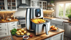 Airfryer die wordt gebruikt met knapperige frietjes