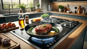 Koekenpan met een sappig stuk vlees