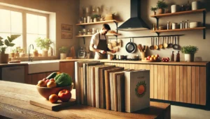 Een man kookt uit kookboeken, in een warme gezellige keuken