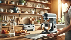 Een persoon gebruikt een keukenmixer terwijl hij een recept volgt uit een kookboek.