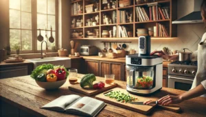 moderne keuken met een hoogwaardige foodprocessor op het aanrecht, actief bezig met het hakken van groenten.