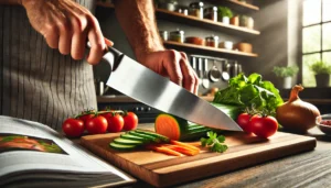 Een prachtig geslepen koksmes snijdt moeiteloos door verse groenten op een houten snijplank in een moderne keuken. Messcherp doormiddel van het slijpen met een messenslijper.