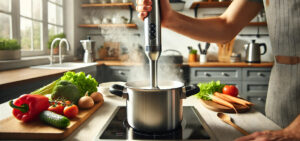 Man gebruikt staafmixer in een pan